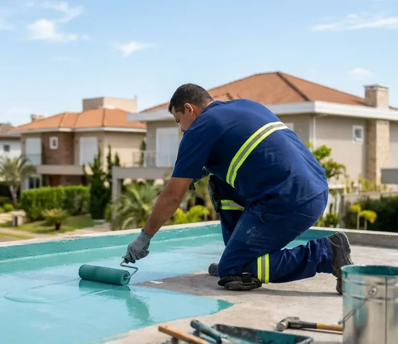 Técnico aplicando impermeabilização em laje de casa de alto padrão em Alphaville